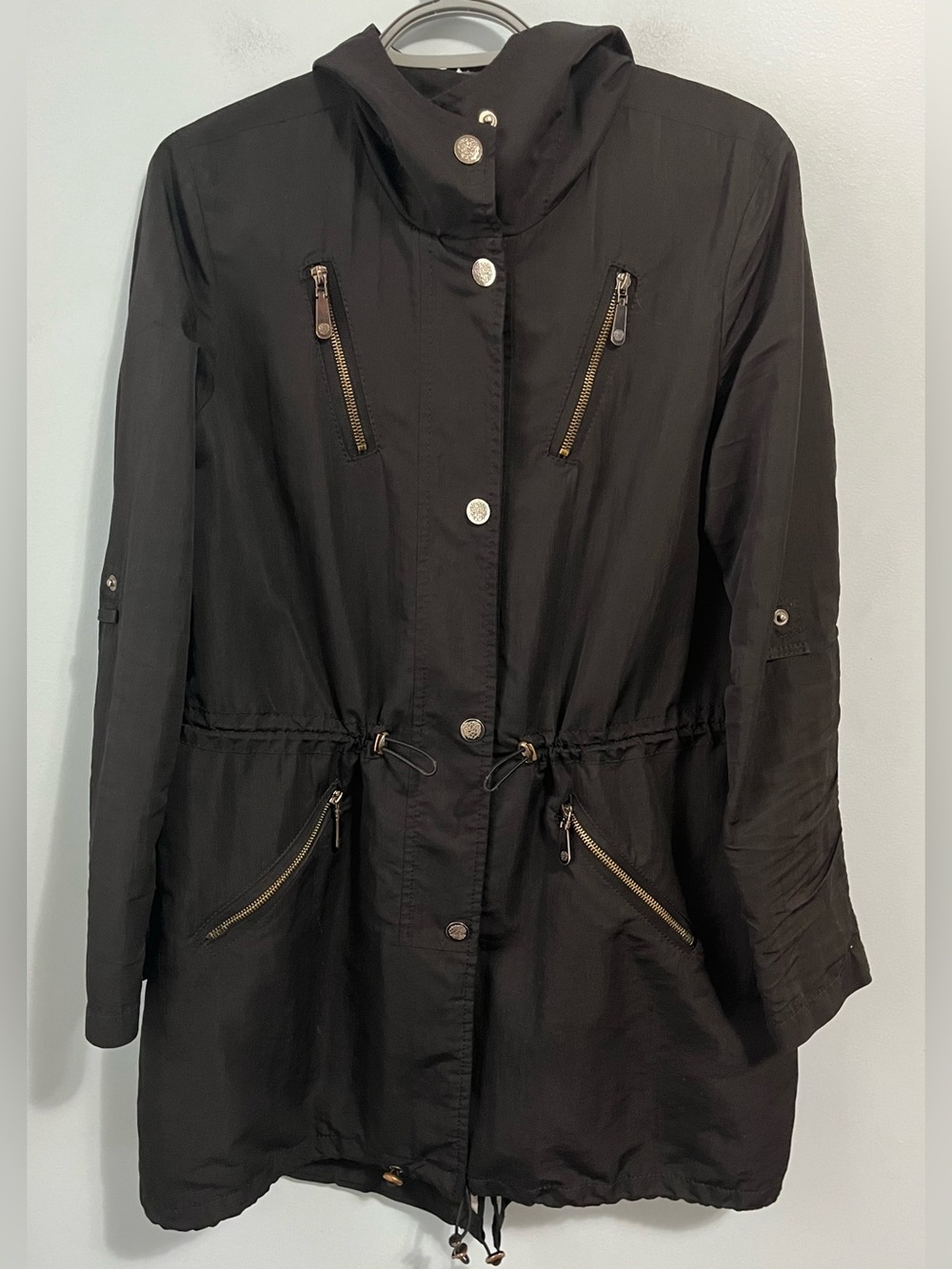 Vince Camuto Black Hooded Anorak Jacket Drawstring Waist Zip Pockets Size M